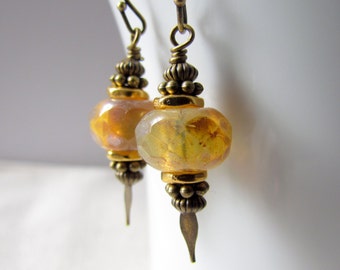 Cashmere Honey Opal Spear Earrings, Vintage Style, Czech Glass, Antiqued Brass, Wire Wrapped, Tribal, Warrior, Dangle Earrings