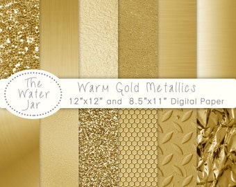 Warm Gold digital paper, Printable Gold Textures, Commercial Use, Glitter, sequins, brushed metal, gold foil