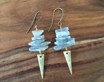 Stacked blue kyanite and brass spike earrings