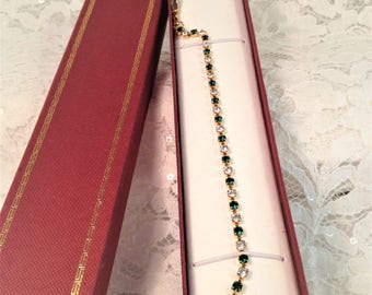 Emerald Green and Clear Rhinestone Tennis Bracelet in Gold Tone Setting, Prong Set Stones, Faceted Crystal Stones, Beautiful Condition.