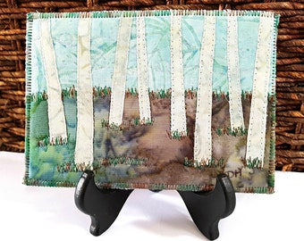 Birch Grove Quilted Postcard / Postcard / Landscape Art / Fabric Postcards / Quilted Postcard / Handmade Postcards / Art Postcard / Birches