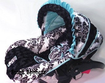 Custom Boutique London Blue/black Rosette Minky Infant Car Seat Cover 5 piece set