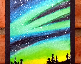 Aurora Borealis, Northern Lights - Blank Greeting Card, Watercolor Print