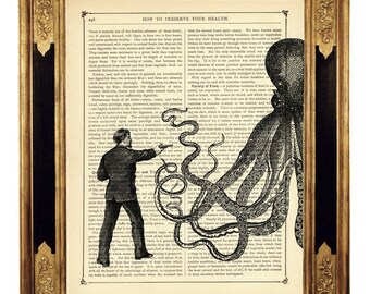 Gentleman vs Octopus Art Print Steampunk Kraken - Vintage Victorian Book Page Art Print