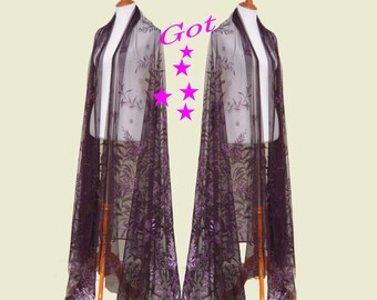 Purple floral cape, silver glitters wrap, long bridal shrugs, unique fuchsia cardigan, orchid wedding shawl, bridal cover up, lady cardigan