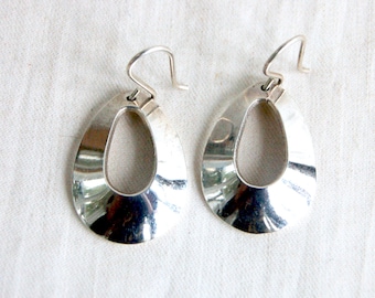 Mexican Hoop Earrings Oval Modern Sterling Silver Dangles Modernist Hoops Vintage Taxco Mexico Statement Jewelry