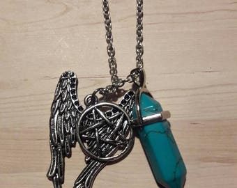 Next day ship- Wing turquoise wiccan charm necklace turquoise stone scrying charm wings charm wiccan pentagram charm