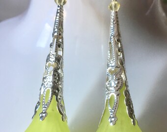 Silver earrings, silver ornate corolla, yellow lucite flower, yellow Swarovski bicone