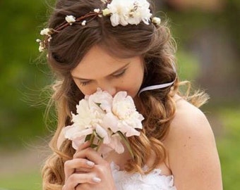 Flower crown, rustic head wreath, wedding headband, bridal hair, wedding crown, ivory floral crown