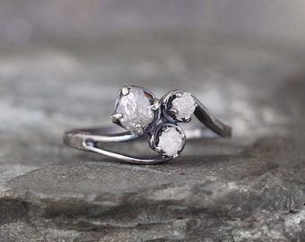 Raw Diamond Trio Ring - Uncut Rough Diamond - Diamond Engagement Rings - 3 Stone Rings - Raw Gemstone - April Birthstone - Anniversary Ring
