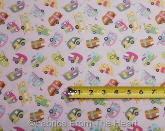 Teardrop Mini Travel Trailers Camping on Pink BY YARDS Timeless Treasure Fabric
