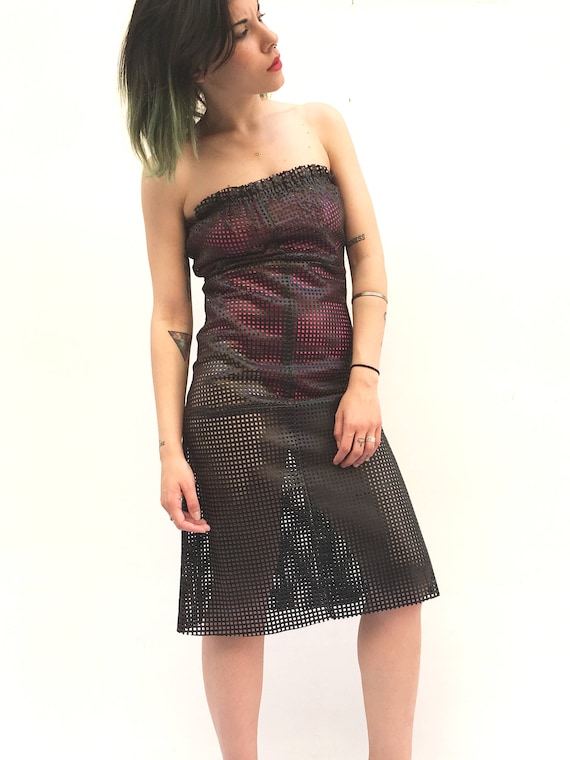 Black Leather Tube LOLA DARLING Dress Sheath Dress in Fishnet Leather checkered lasered Detached sleeves Bare Shoulders Hand made Limited Ed