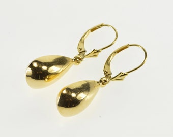 14K Puffy Ridged Teardrop Dangle Lever Back Earrings Yellow Gold