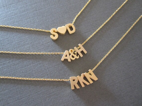 three gold block letter initial necklace 2 letter initial necklace