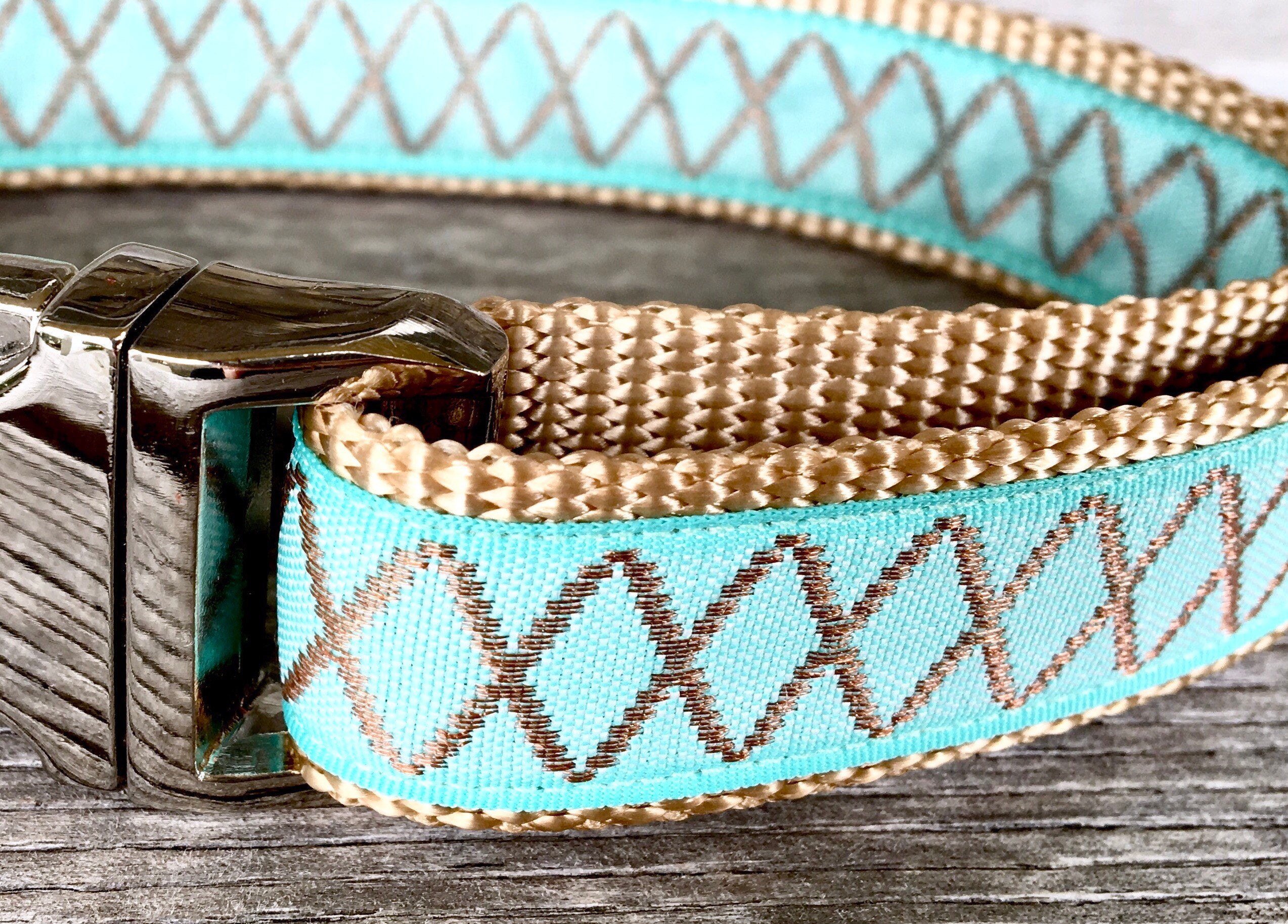 Aqua and Woven Copper Dog Collar 1 Wide Dog Collar