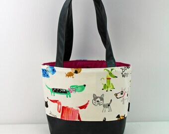 Lulu Medium Tote Bag - Rainbow Dogs with PU Gray Leather - READY to SHIP Purse Shoulder Straps 3 pockets Handbag Washable