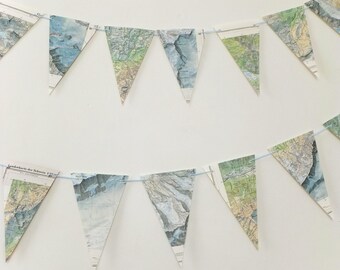 Mountain Map Bunting, eco-friendly banner, upcycled paper bunting, wedding pennants, mountaineer gift