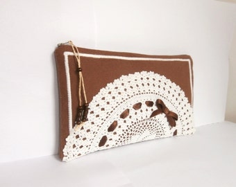 Brown linen and vintage white crochet cotton doily zipper clutch, handmade, Bridesmaid gift bag, cosmetic bag, gadget case