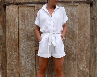 The Poppy Playsuit, Linen Playsuit - Collared, Button Down, White Linen Jumpsuit Romper