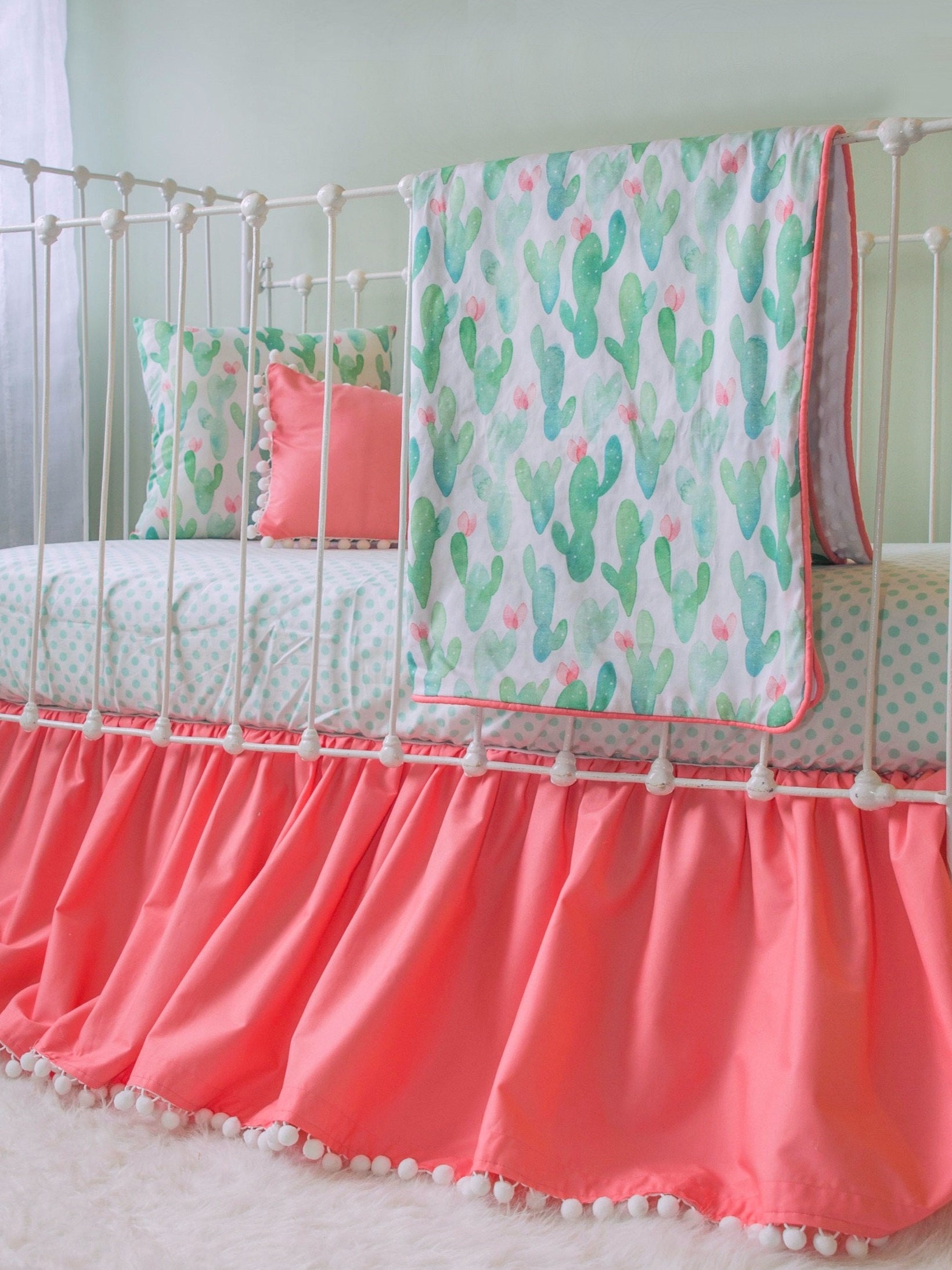 Cactus Blossom Coral and Mint Baby Girl Crib Set Watercolor