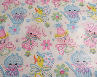 Vintage Gift Wrap-Wrapping Paper-Birthday-Children-Shower-Baby-Animals-Pastels-Retro-Mid Century-Kittens-Bunnies