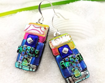 Dichroic glass earrings, fused glass jewelry, glass earrings, dichroic beads, rainbow earrings, creative jewelry, artisan earrings, fusion