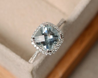 Aquamarine engagement ring, cushion cut, sterling silver