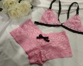 Pink and Black Bralette and Boyshort Set