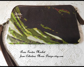 Leather Wristlet Wallet Clutch, Dark Leather Leaves Design, Hand Painted Design, Custom, Original, Removable Wrist Strap, ECS