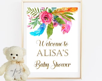 Welcome To Baby Shower Sign Printable, Gold Baby Shower Sign, Flowers&Feathers Baby Shower Printable Sign, Rustic Welcome To Baby Shower