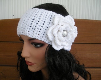 Womens Headband Crochet Headband Winter Fashion Accessories Women Earwarmer Headwrap in White with Crochet Flower - Choose color