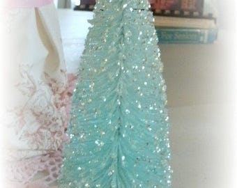 8" LIGHT AQUA sparkly bottle brush tree shabby vintage style decoration