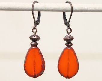 Orange Earrings Copper Earrings Dangle drop Earrings Jewelry Czech Glass Earrings Boho Chic Jewelry Christmas Gift for her Gift for women