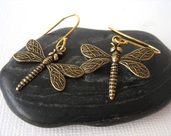 Gold Dragonfly Earrings - Dragonfly Jewelry, 14K Gold Earrings, Insect Jewelry, Bohemian Jewelry, Hippie Jewelry, Dragonfly Gifts, Twee