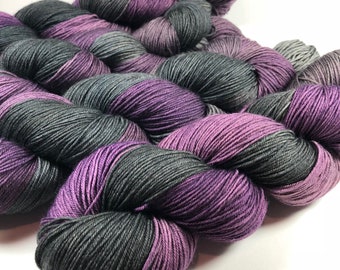 Hand Dyed Sock Yarn, Self-Striping, Fingering Wt, Purple, Black, Charcoal Gray, SW Merino Wool, 463 yds, Grapes of Wraith, Dyed to Order