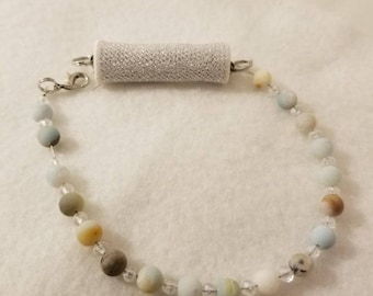 Fitbit Anklet or Bracelet Unpolished Amazonite Beaded with Austria Crystal Rondelles, Silver Pouch for Various Fitbits