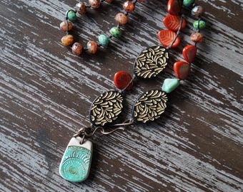 Unlisted - Leaf Necklace - Autumn Boho - Fall Leaf Necklace - Woodland Necklace - Turquoise and Orange - Bead Soup Jewelry