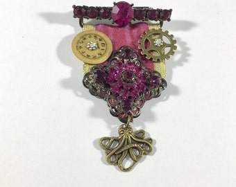 Steampunk Fuchsia Rhinestone Medal Brooch Pin