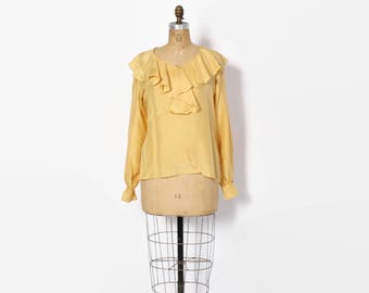 Vintage 90s Ruffled Silk Top / 1990s Golden Yellow Loose Fit Ruffle Blouse