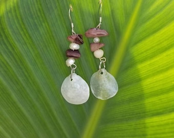 Silver Fishhook Earwires with Beached Shell with Brown/White Shell Beads
