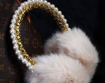 TINA Pearls Fur Ear Muffs, Ear warmer, jeweled earmuffs, rhinestone earmuffs,Fur earmuffs, Crystal fur earmuffs, Gift for her, Earwarmer