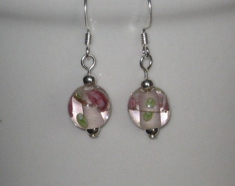 Pink Floral Lampwork Bead Earrings