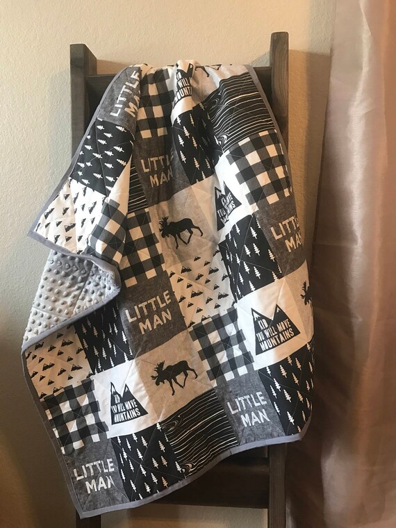 Baby quilt black gray and white baby boy little man
