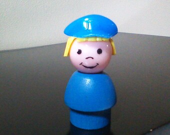 Vintage Fisher Price Little People Wood Police Woman Blue Body Hat Mailman Pilot Cop
