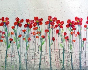 flowers Painting Original Canvas White Red Aqua Floral Artwork by Luiza Vizoli Large Canvas 36x24, ready to ship