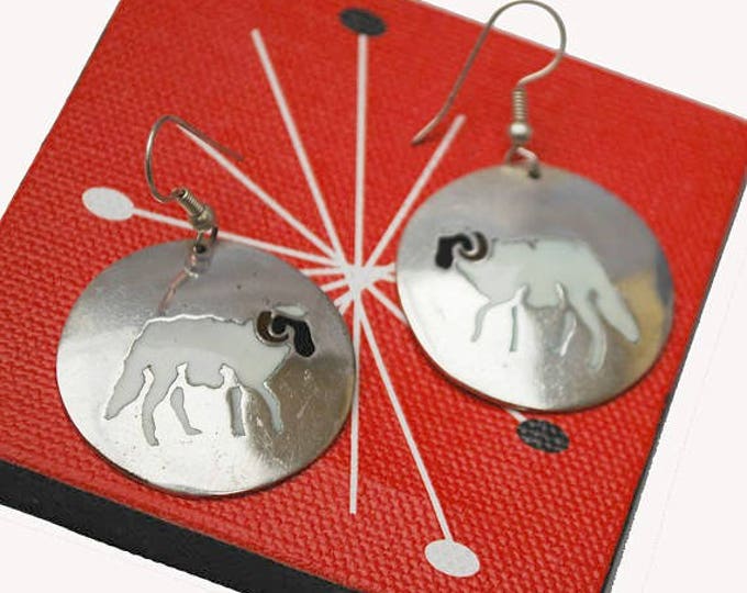 Silver Ram Dangle earrings - Mexico Alpaca - Black white Enamel - figurine earring