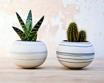 colorful porcelain planter light gray stripes. Ceramic planter for cactus, succulent, air plant. Mini pot for plants Crafted by Wapa Studio.