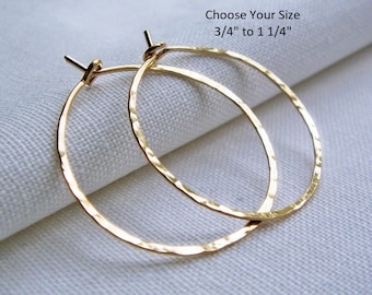 Gold fill Hoop Earrings, Gold Filled Hoop Earrings, .75 to 1.25 inch, Hammered Hoop, Dainty, Simple Classic Plain Hoops, 14/20 Gold Fill