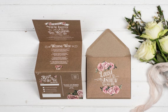 Rustic Wedding Invitation - Double-Folded Kraft Rustic Rose (portrait)
