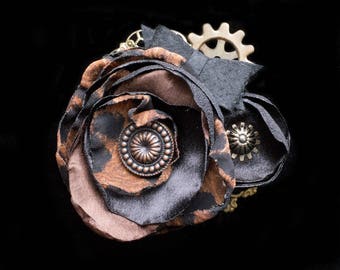 Black and Brown Steampunk Wedding Fascinator- Leopard Print Flower Fascinator- Cheetah Print Hair Clip- Steam Punk- Steampunk Hats